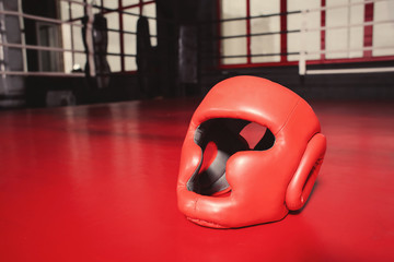 Headgear on boxing ring in gym