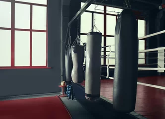 Fotobehang Vechtsporten Punching bags for training in gym  © Africa Studio