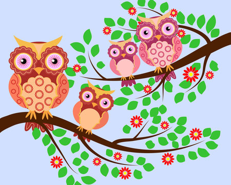 Set of multi-colored pairs of owls mom and baby sitting on the branches
