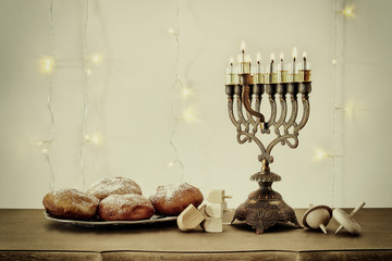 image of jewish holiday Hanukkah background with traditional spinnig top, menorah (traditional...