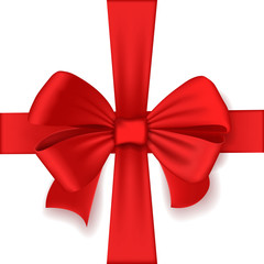 Realistic red bow and ribbon. Element for decoration gifts, greetings, holidays. Vector illustration.