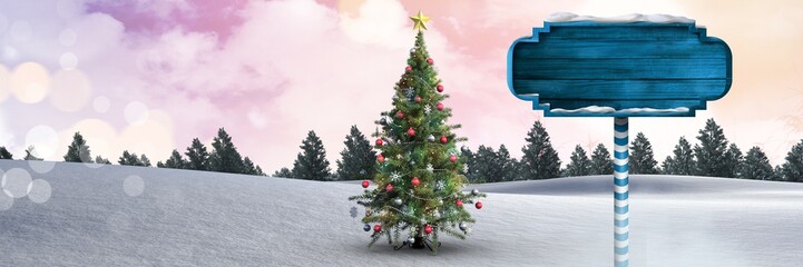 Wooden signpost in Christmas Winter landscape with Christmas © vectorfusionart