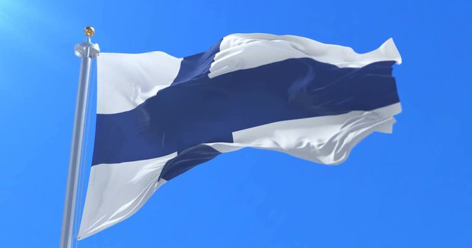 Finland flag waving at wind with blue sky, loop
