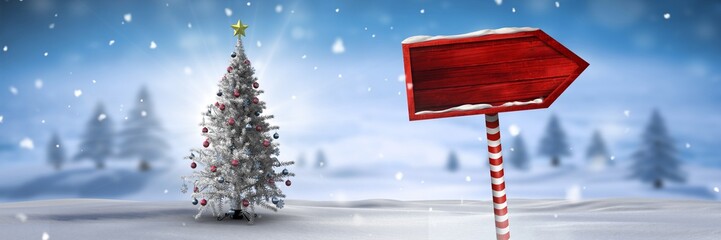 Wooden signpost in Christmas Winter landscape with Christmas © vectorfusionart
