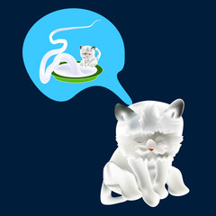 Cat Dreaming Icon Symbol Design. White Cartoon Cat Vector illustration isolated on navy blue background