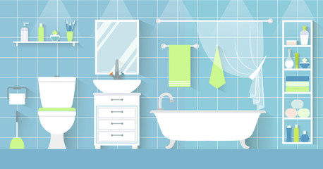 Vector interior of a bathroom in a flat style. Toilet with furniture and plumbing.