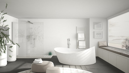 Fototapeta na wymiar Modern classic bathroom with big round carpet, large panoramic window, minimalistic white and gray interior design