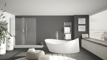 Obraz na płótnie Canvas Modern classic bathroom with big round carpet, large panoramic window, minimalistic white and gray interior design
