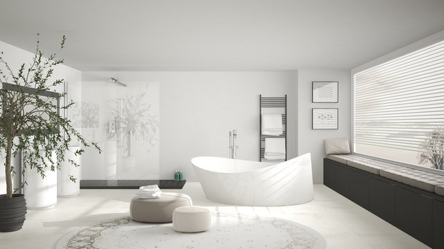 Modern classic bathroom with big round carpet, large panoramic window, minimalistic white and gray interior design