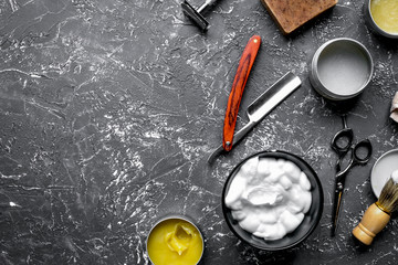male hairdressing concept with barbershop tools on gray backgrou
