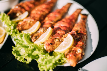 Batumi, Adjara, Georgia. Dish Of Georgian National Cuisine: Mullet Fish