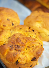 Portuguese traditional pastries. Bun with raisins.