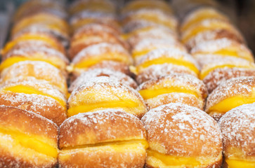 Portuguese traditional pastries. Buns with custard.