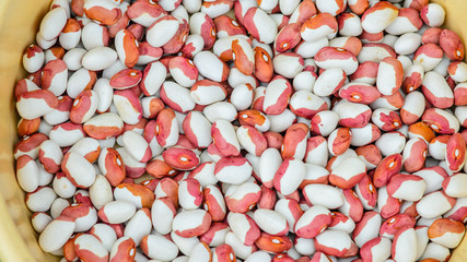 Two-color raw beans in a bucket. Two-tone beans , concept food