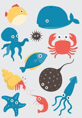 Sea animals vector set on white background