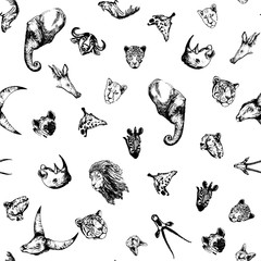 Seamless pattern of hand drawn sketch style African and Asian animals. Vector illustration isolated on white background.