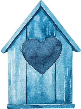 Watercolor Hand Drawn Illustration.Wooden Birdhouse. 