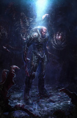 digital illustration of futuristic science fiction man male aggressive character in spacesuit armor surround by deadly alien creature