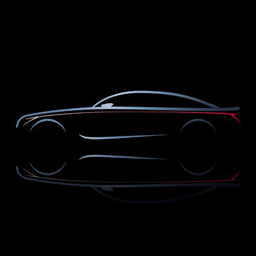 Silhouette of car with burning lights on a black background. Side view. Vector illustration.