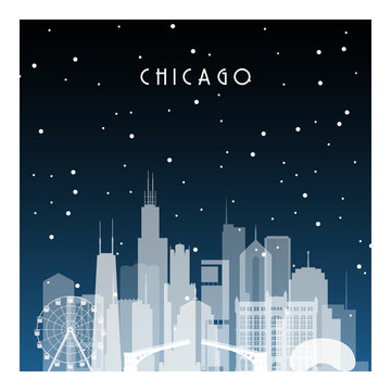 Winter night in Chicago. Night city in flat style for banner, poster, illustration, game, background.