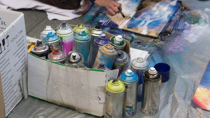 A box of aerosols for drawing for street art