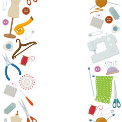 Seamless vertical borders of tools for needlework and sewing. Handmade equipment and needlework accessoriesy, cartoon illustration. Vector