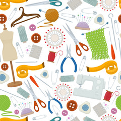 Seamless pattern of tools for needlework and sewing. Handmade equipment and needlework accessoriesy, cartoon illustration. Vector