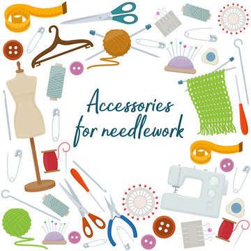 Set of tools for needlework and sewing. Handmade equipment and needlework accessoriesy, cartoon illustration. Vector