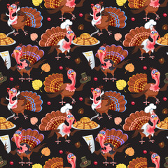 Seamless pattern cartoon thanksgiving turkey character in hat with harvest, leaves, acorns, corn, autumn holiday bird vector illustration background for fabric textile or wrapping