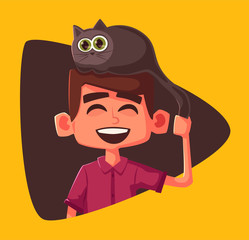 Cute kid and funny cat. Cartoon vector illustration
