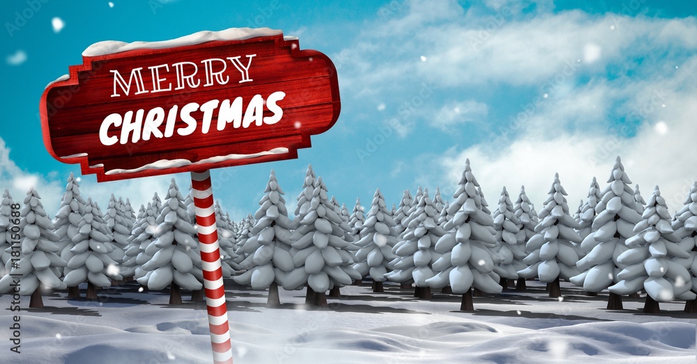 Canvas Prints Merry Christmas on Wooden signpost in Christmas Winter landscape