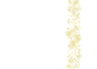 Glitter snowflakes frame on white horizontal background. Shiny Christmas and New Year frame for gift certificate, ads, banners, flyers. Falling snow with golden glitter snowflakes for party invite