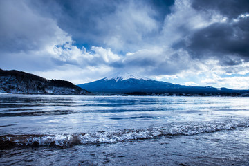 Mountain Fuji view during winter at Lake Kawaguchiko in Japan. 
