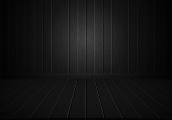 Realistic black wood wall and floor room perspective background vector illustration.