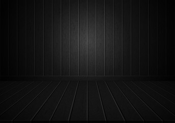 Realistic black wood wall and floor room perspective background vector illustration.