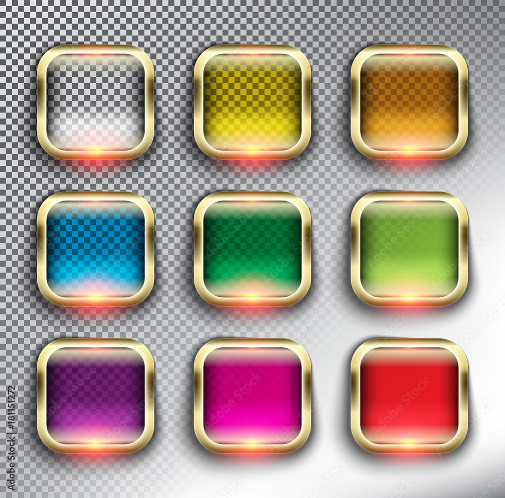 Wall mural abstract square web buttons set of 9. square glass web icons with golden frame. isolated with realis