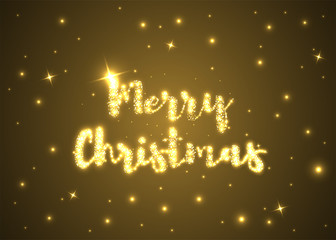 Merry Christmas and Happy New Year. Shining text on abstract background with sparkles and stars. Vector illustration