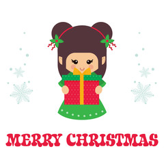 cartoon cute christmas elf with gift and text