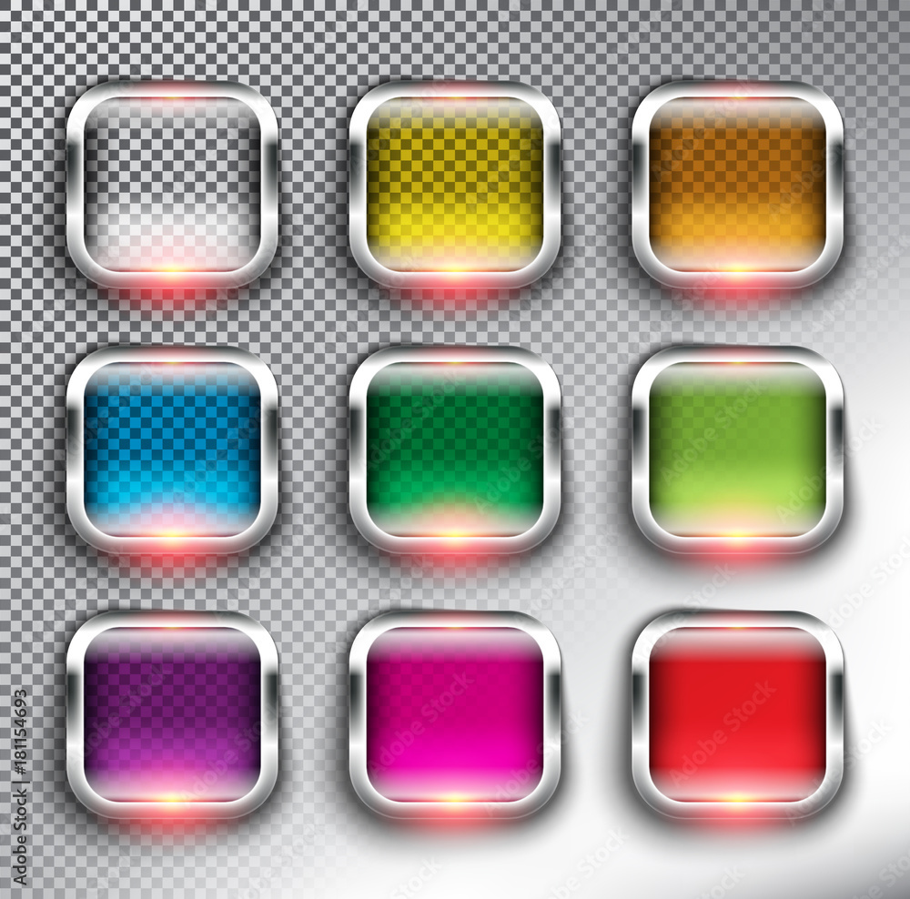 Wall mural abstract square web buttons set of 9. square glass web icons with silver frame. isolated with realis