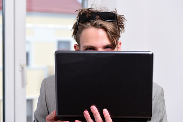 Business and technologies concept. Man or manager with hidden face