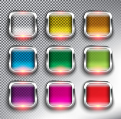 Abstract square web buttons set of 9. Square glass web icons with silver frame. Isolated with realistic, transparent glass shine and shadow on the white background. Vector illustration. Eps 10.