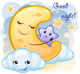 Cute cartoon crescent with clouds. Vector illustration is suitable for greeting cards and prints on t-shirts.