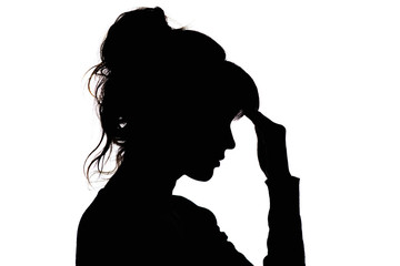 silhouette of a thoughtful sad woman with hand near her forehead on white isolated background, the...