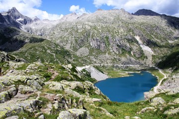 paesaggio lago montagna natura rocce prato verde