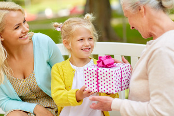 happy family giving present to grandmother at park