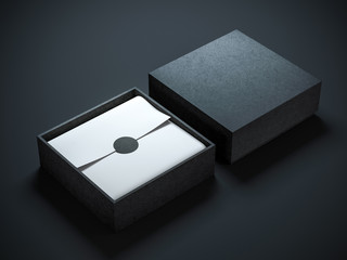 Square opened Black Box with wrapping paper and label. 3d rendering