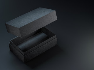 Black textured opened box mockup on black background, 3d rendering