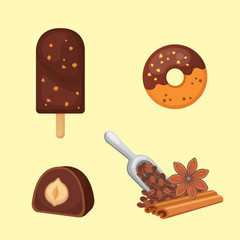 Chocolate sweet dessert icons. Organic food vector