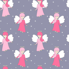 cute lovely cartoon seamless vector pattern background illustration with angels in the sky with stars