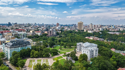 Fototapeta na wymiar Aerial top view of Kyiv cityscape, Podol historical district skyline from above, city of Kiev, Ukraine 